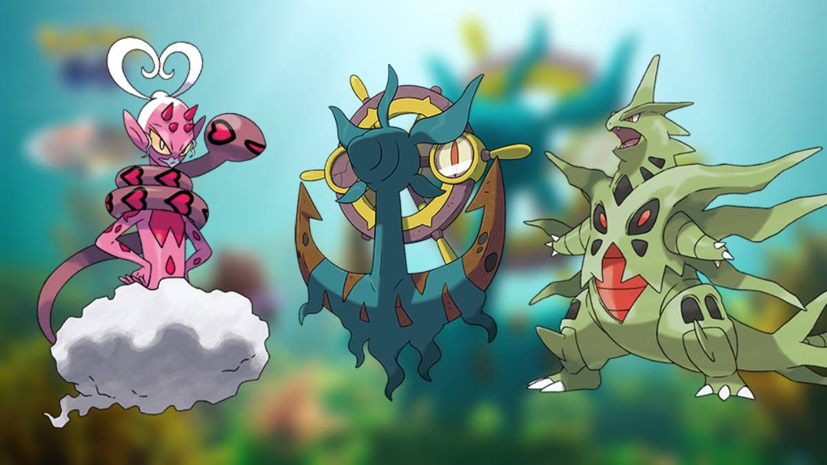 Enamorus, Dhelmise, and Mega Tyranitar from Pokemon GO, who appear in Beloved Buddies as Raid bosses