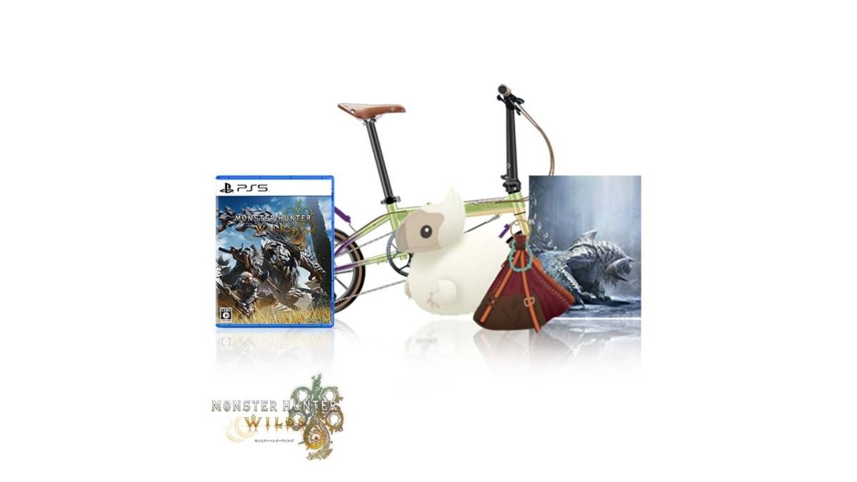 Wydanie Monster Hunter Wilds Ultra Collector, z obrazem gry, puszystą zabawką, torbą broni i składanego roweru.