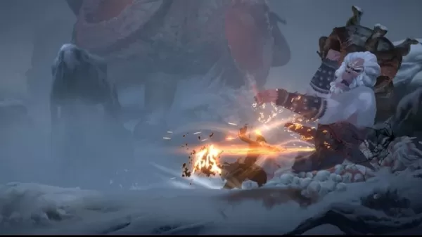 A man slashes at a giant monkey in a snowy landscape using his sword.