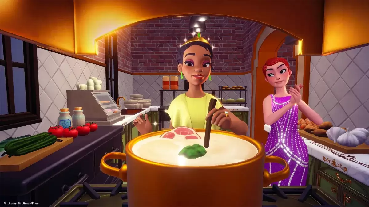 Tiana cozinhando no Disney Dreamlight Valley.