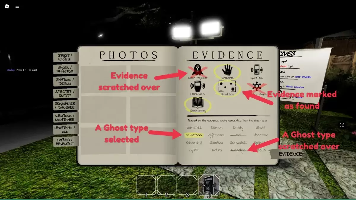 A preview of the evidence journal page in Demonology with explanations for the parts of it