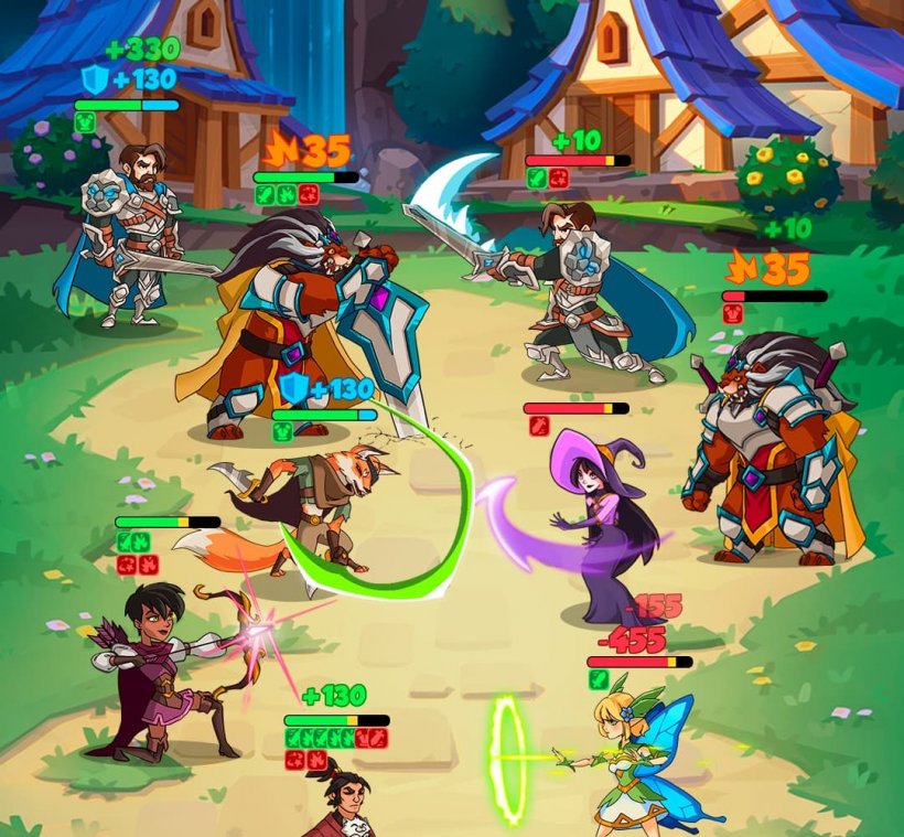 A screenshot of art from Monoloot showing various fantasy characters fighting