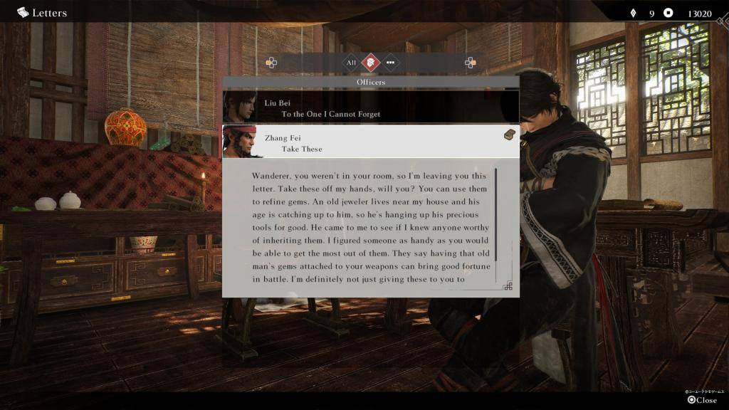 The Wanderer receives Zhang Fei's letter about crafting gems in Dynasty Warriors: Origins
