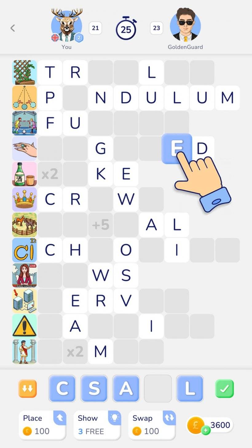 A screenshot of the sudoku-like gameplay of Wordpix with someone guessing words based on small icons and revealed letters