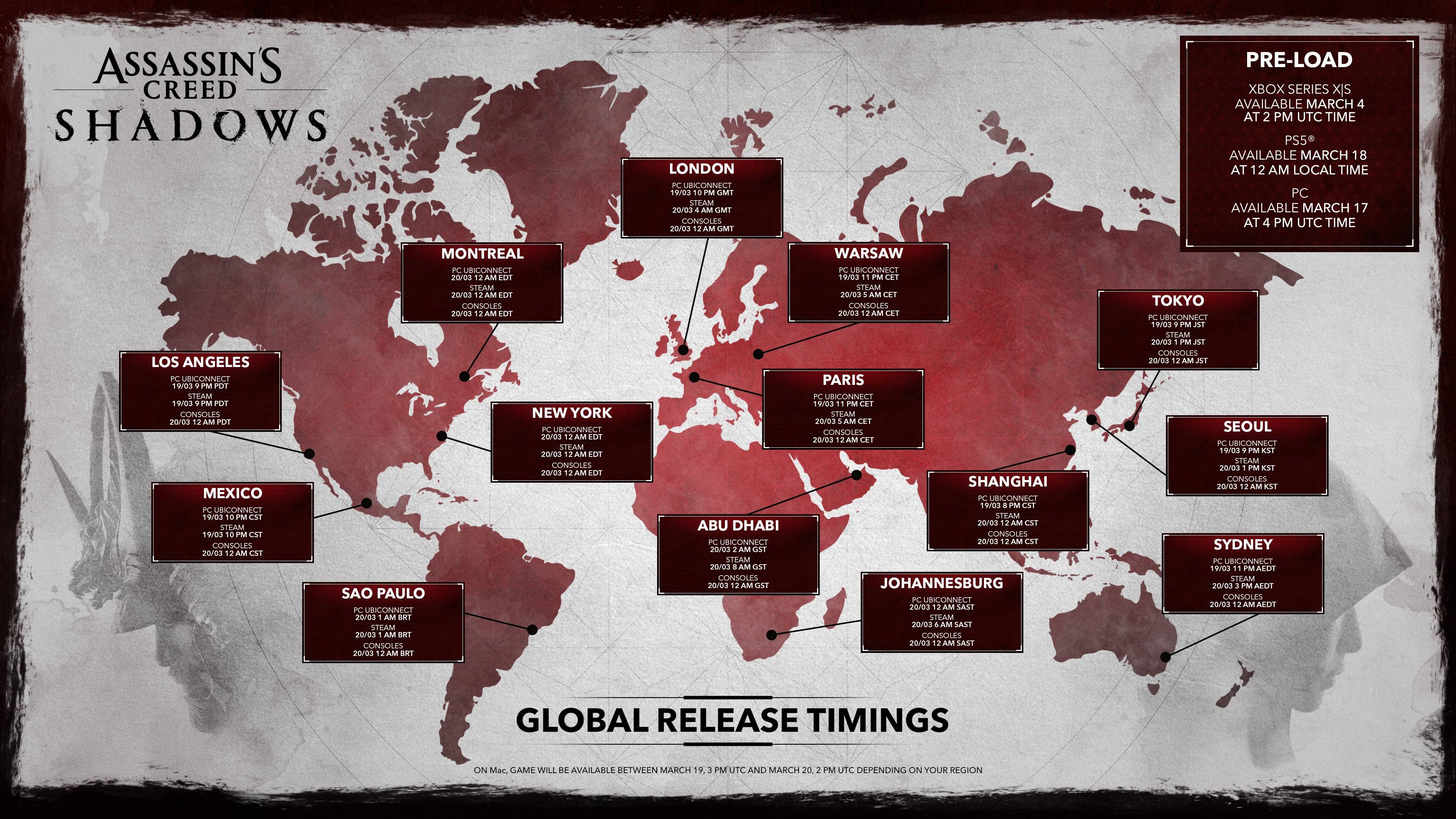 Assassin's Creed Shadows: Global Release Ogłoszony harmonogram wydania