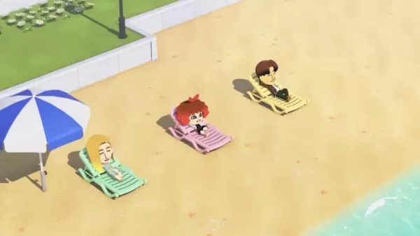 Miis relajándose en tumbonas junto a la playa