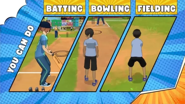 Một ảnh chụp màn hình của trò chơi trong Gully Gangs: cricket Street thể hiện sự đánh bóng, bowling và fielding trong hành động