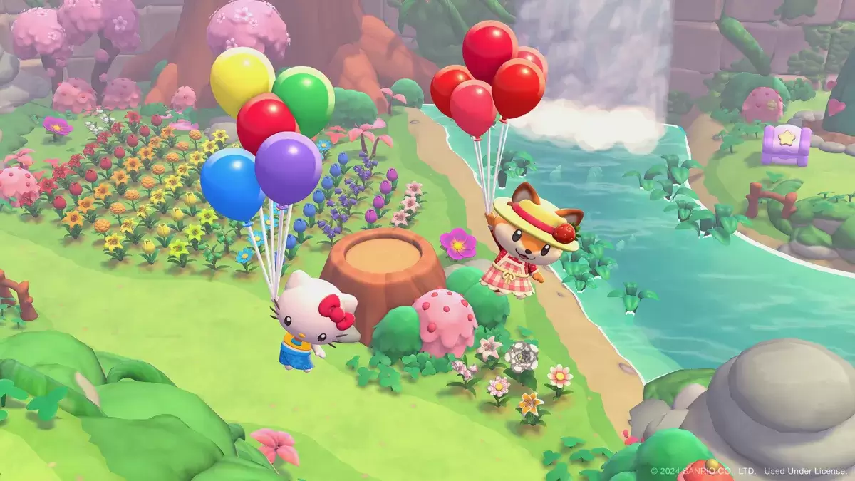 Characters flying in Hello Kitty Island Adventure as part of an article about daily and weekly resets. 