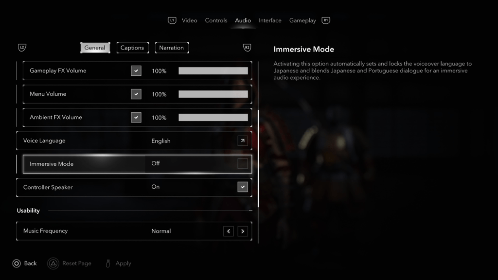 Assassin's Creed Shadows audio options, Immersive Mode highlighted